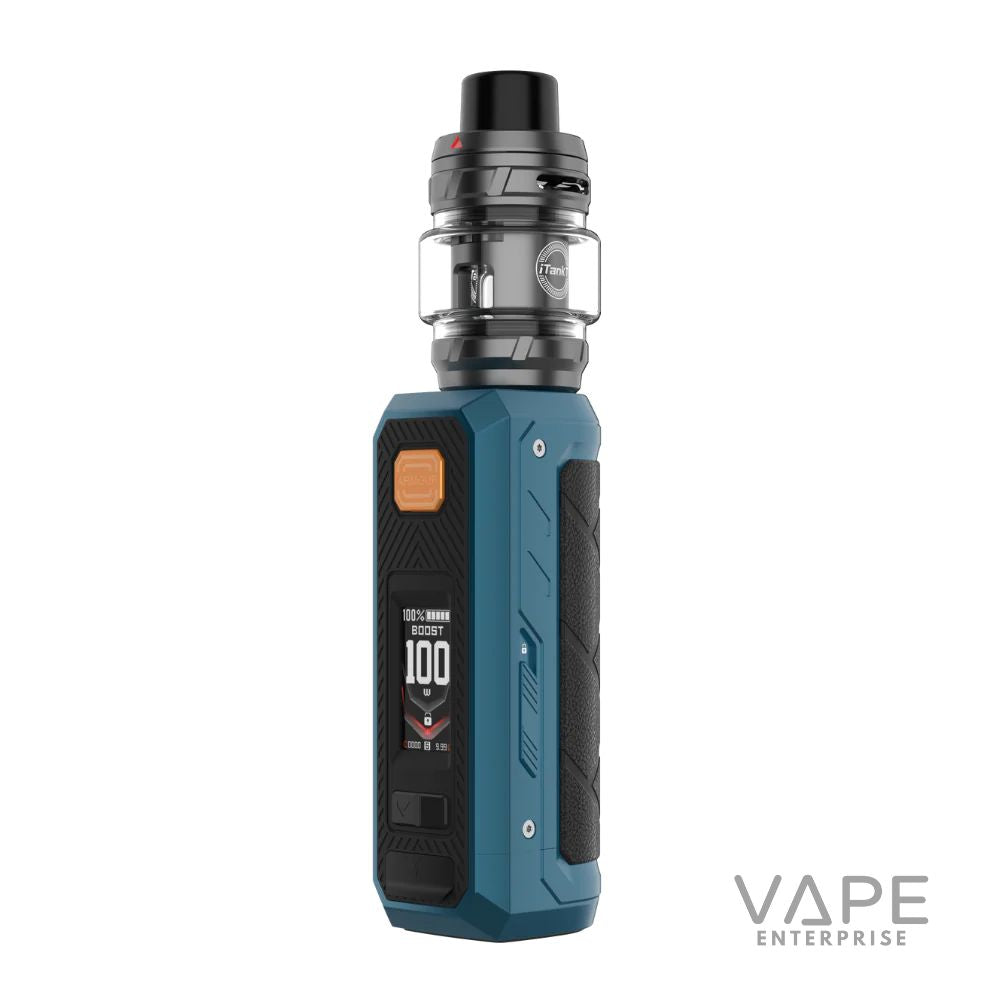 Vaporesso Armour Ultra vape mod in Storm Blue with digital display and iTank, isolated on white