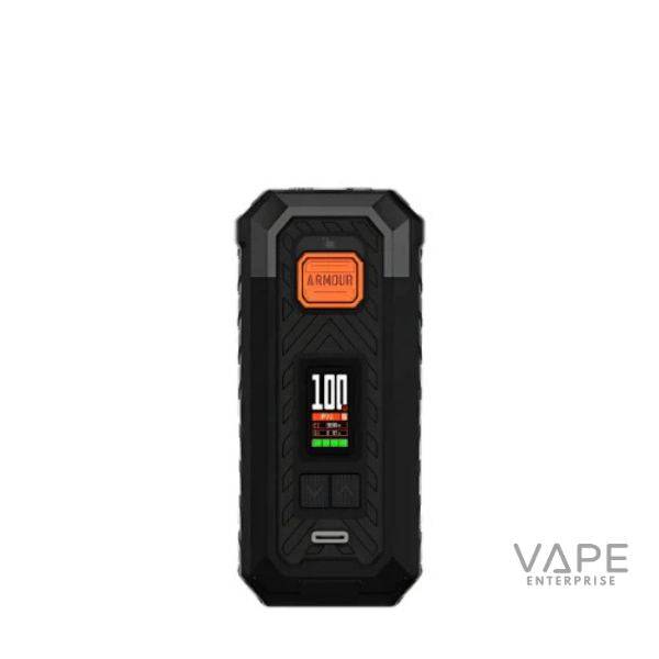 Black Vaporesso Armour vape mod with digital display showing 100 watts power, buttons, and orange label