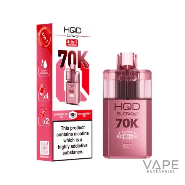 HQD Glow 70K disposable vape device and box in pink with watermelon and strawberry flavors