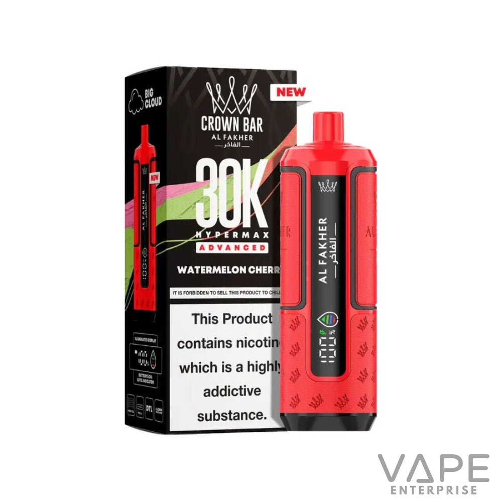 Red Crown Bar Al Fakher 30K Hypermax Advanced Watermelon Cherry vape device and box