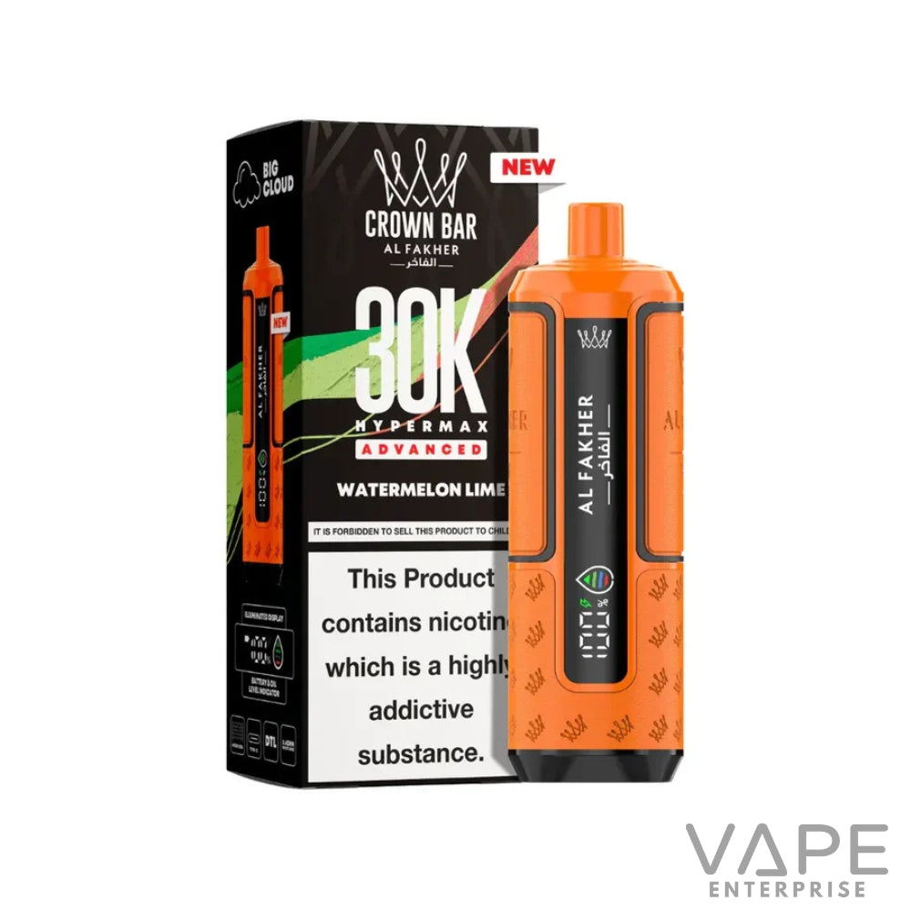 Orange Crown Bar Al Fakher 30K Hypermax Advanced Watermelon Lime vape device with packaging