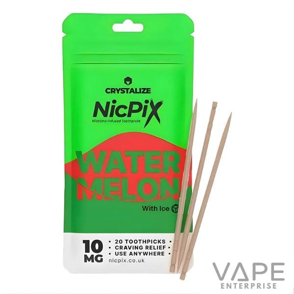 Green NicPix watermelon-flavored nicotine-infused toothpick pack with four wooden toothpicks