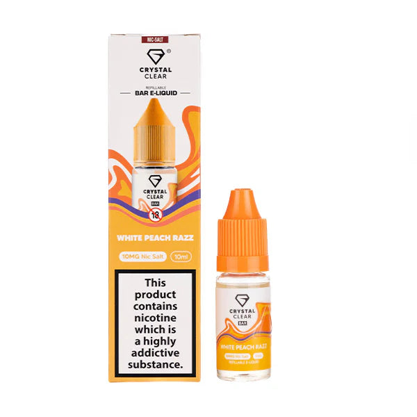 Crystal Clear White Peach Razz nicotine salt e-liquid bottle and box with orange cap and warning label