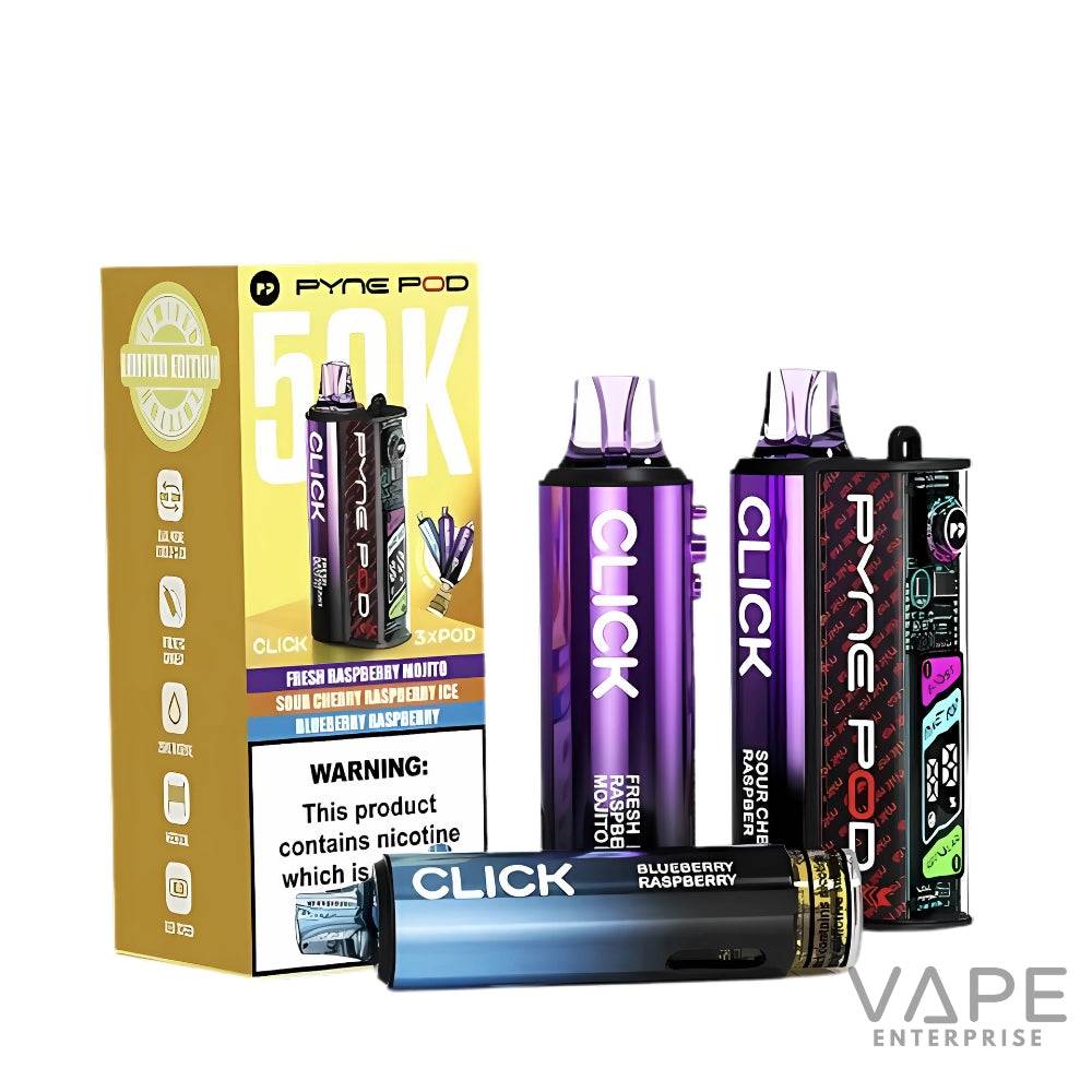 Pyne Pod 50K Click disposable vape devices in blueberry raspberry, fresh raspberry mojito, and sour cherry raspberry ice flavors with packaging