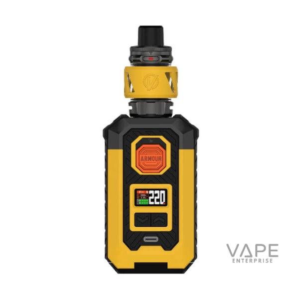 Yellow Vaporesso Armour Max vape kit with digital display showing 220 watts on white background