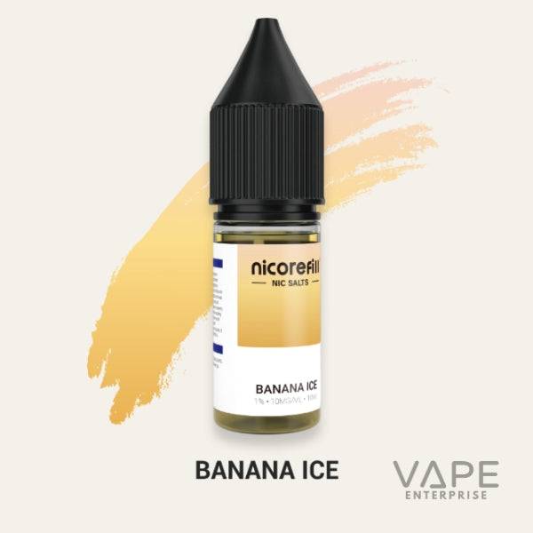 Nicorefill Banana Ice vape juice bottle with black cap and yellow label on light background