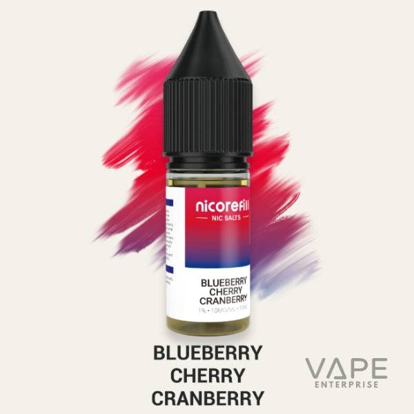 Nicorefill blueberry cherry cranberry nicotine salt vape juice bottle with colorful berry-inspired background