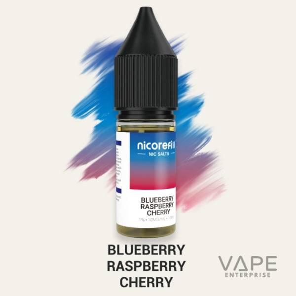 Nicorefill nicotine salts vape juice bottle with blueberry, raspberry, and cherry flavor