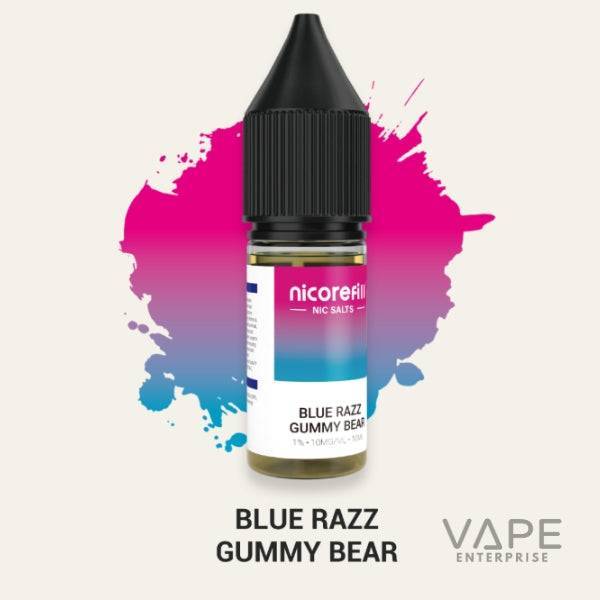 Nicorefill Blue Razz Gummy Bear nicotine salt vape juice bottle with blue and pink splash background