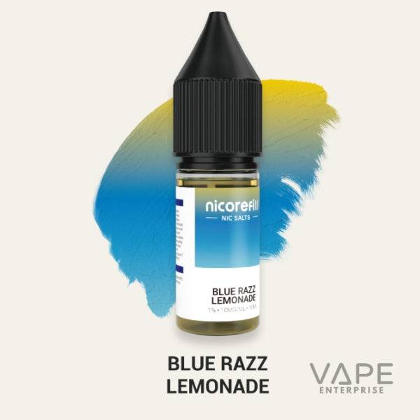 Nicorefill Blue Razz Lemonade nicotine salt vape juice bottle with blue and yellow paint background