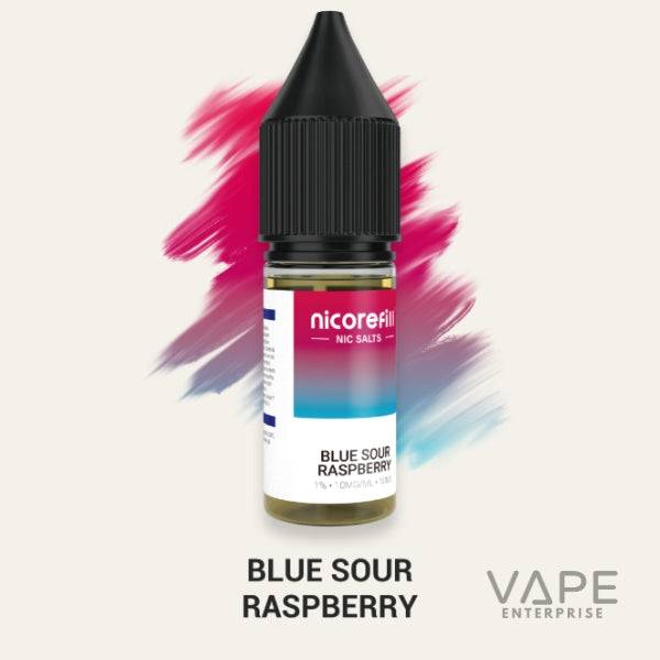 Nicorefill Blue Sour Raspberry nicotine salt vape juice bottle with colorful brush stroke background