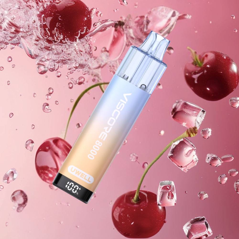 Uwell Viscope 8000 vape device with digital display surrounded by splashing water, cherries, and ice cubes on pink background