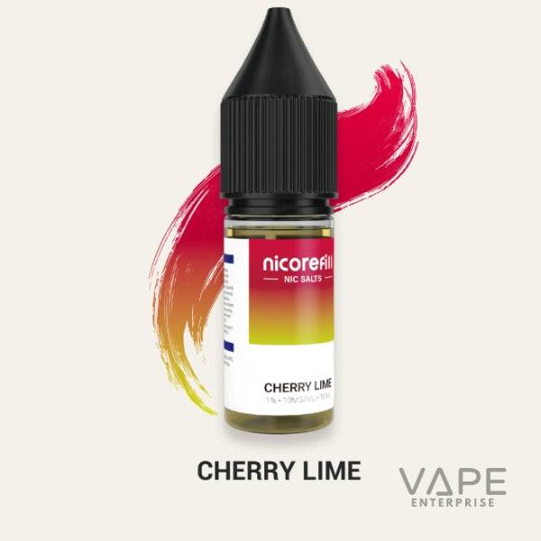 Nicorefill Cherry Lime nic salt vape juice bottle with red and green brushstroke background