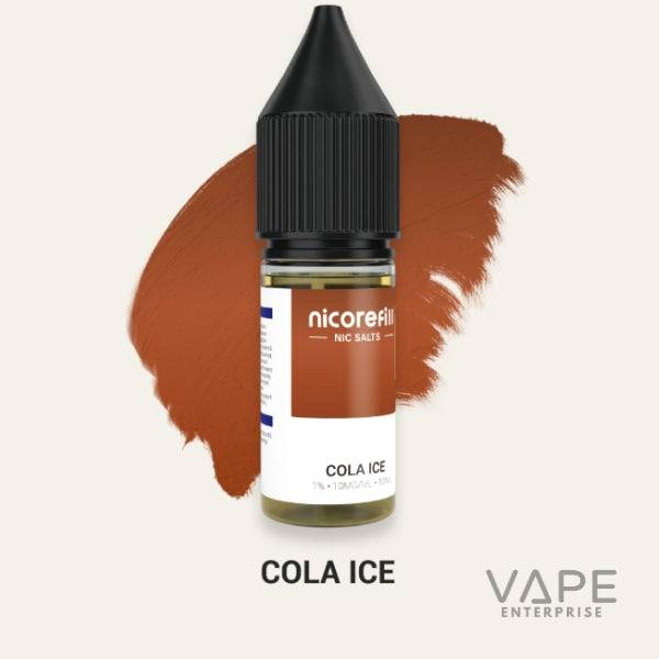 Bottle of Nicorefill Cola Ice nicotine salt vape liquid with brown background brushstroke