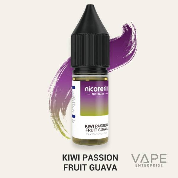 Nicorefill Kiwi Passion Fruit Guava nicotine salt vape juice bottle with colorful purple and green brush stroke