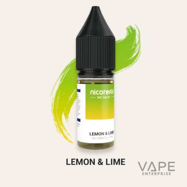 Nicorefill Lemon & Lime nicotine salt vape juice bottle with green and yellow splash background