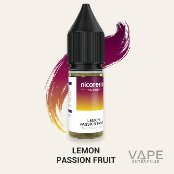 Nicorefill Lemon Passion Fruit nicotine salt vape juice bottle with colorful brush stroke background