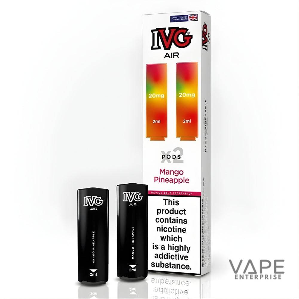 IVG Air Mango Pineapple vape pods 20mg nicotine 2ml with health warning on white background