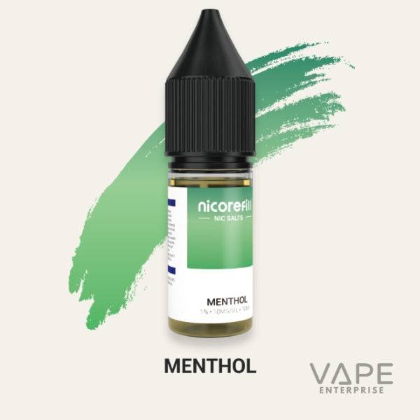Nicorefill Menthol nicotine salt vape juice bottle with green menthol flavor background