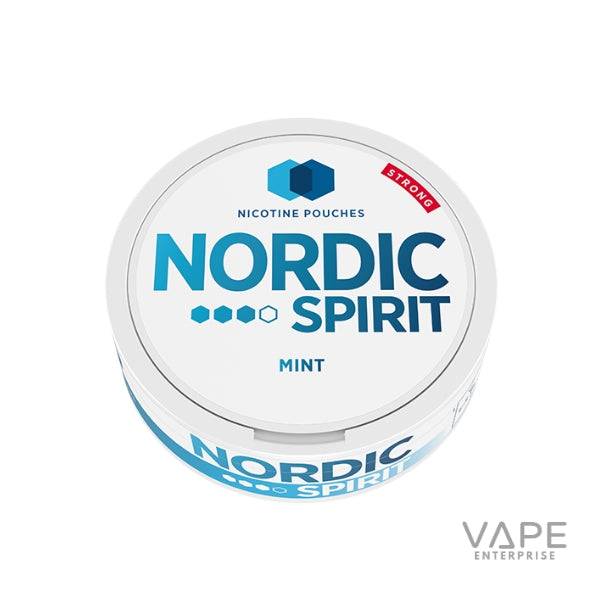 Nordic Spirit Strong Mint nicotine pouches round white container with blue branding