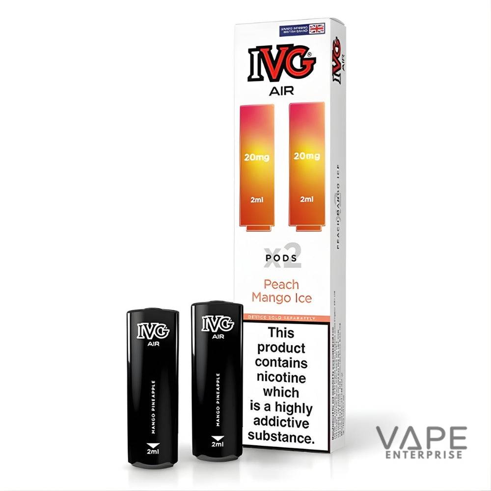 IVG Air Peach Mango Ice vape pods 20mg nicotine 2ml with nicotine addiction warning and Vape Enterprise logo