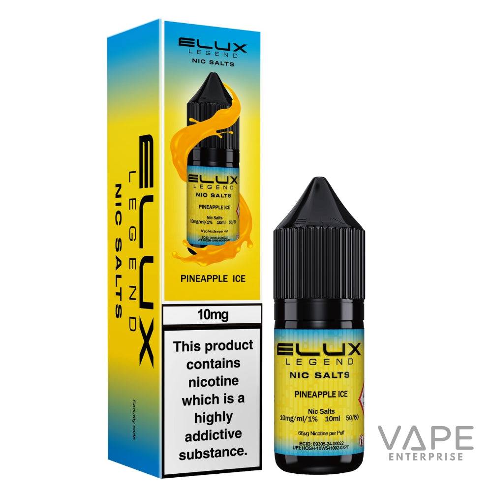 Ellux Legend Nic Salts Pineapple Ice vape juice packaging and bottle on a white background