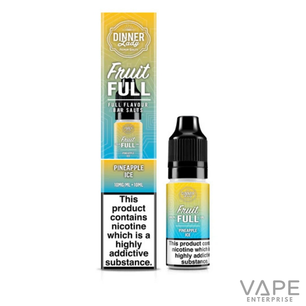 Vape juice bottle with packaging labeled 'Fruit Full Pineapple Ice'