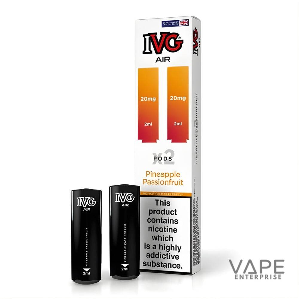 IVG Air Pineapple Passionfruit vape pods with 20mg nicotine, 2ml each, packaging and two black pods