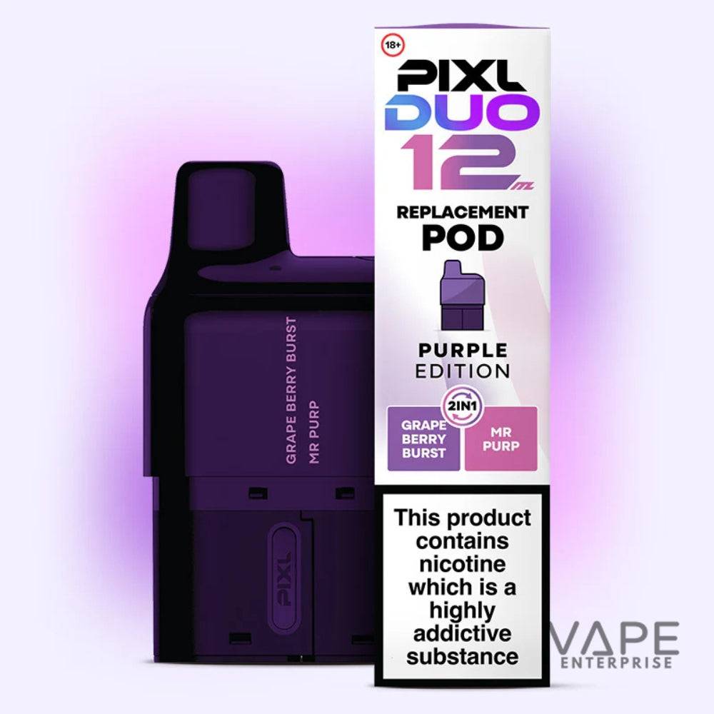 Pixl Duo 12mg purple edition replacement pod with grape berry burst and Mr Purp flavors, nicotine warning