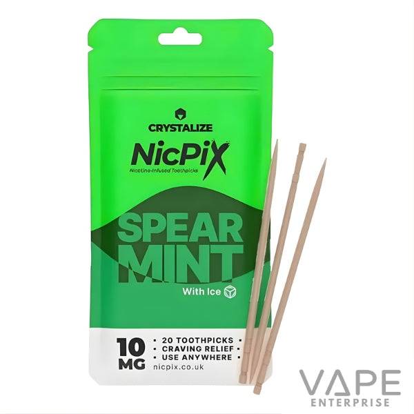NicPix spearmint-flavored nicotine-infused toothpicks pack with 10mg strength and three toothpicks displayed