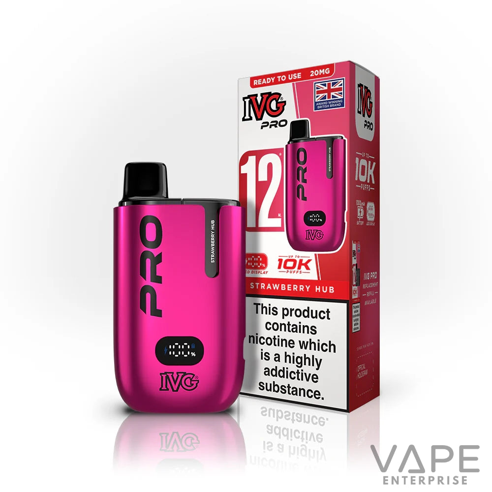 IVG Pro Strawberry Hub disposable vape device in pink with packaging showing 12ml, 20mg nicotine, 10K puffs