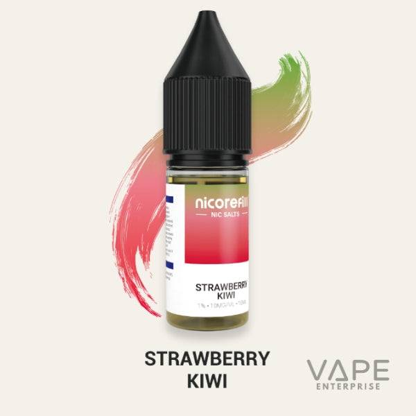 Nicorefill Strawberry Kiwi nicotine salt vape juice bottle with red and green brush stroke background
