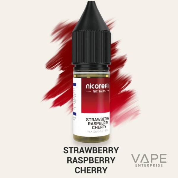 Nicorette Strawberry Raspberry Cherry nicotine salt vape juice bottle with red brushstroke background