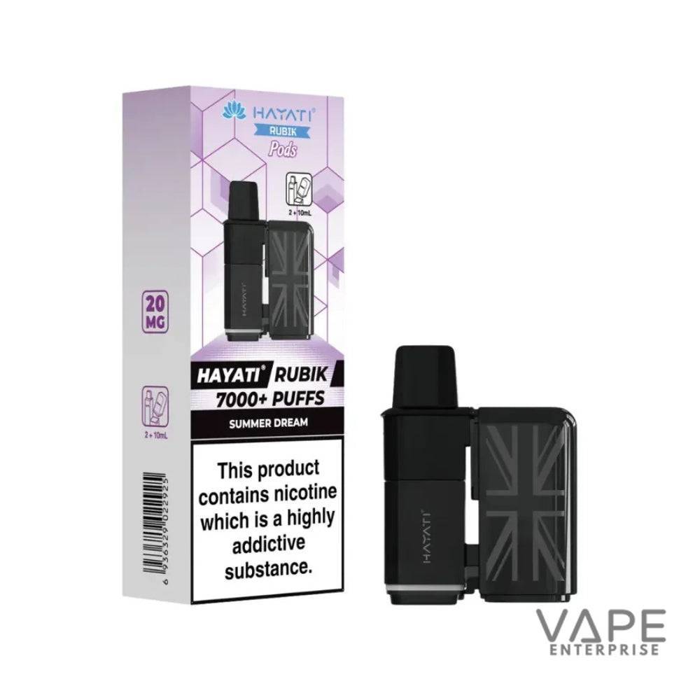 Hayati Rubik 7000+ puffs vape pod Summer Dream flavor with nicotine warning, 20 mg strength, black device with Union Jack design
