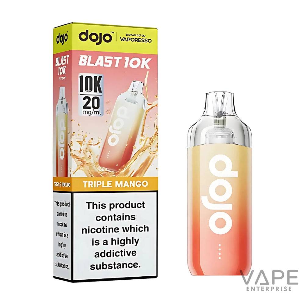 Dojo Blast 10K Triple Mango disposable vape with 20mg/ml nicotine in orange-yellow gradient packaging