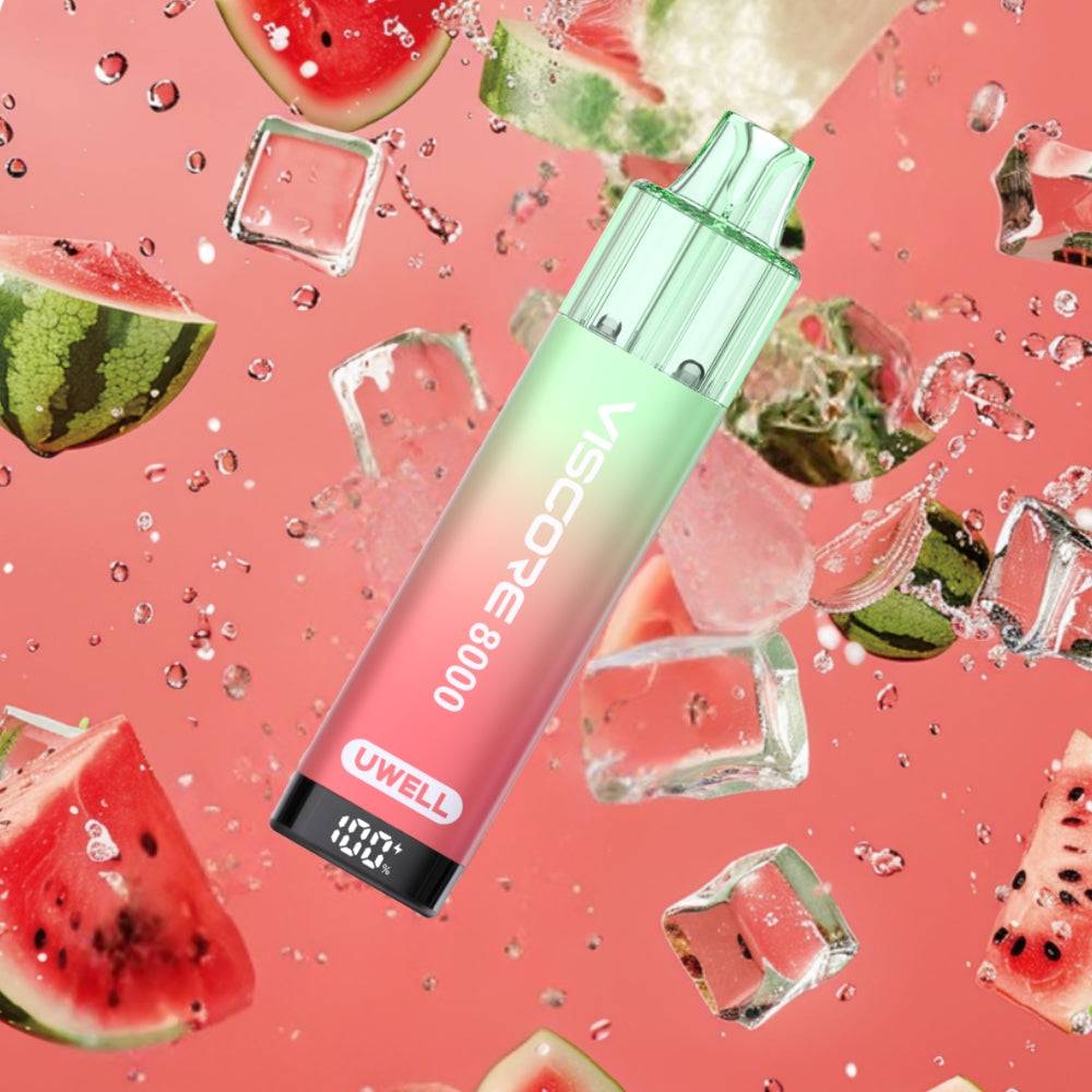Uwell Viscape 8000 vape device with watermelon flavor design surrounded by ice cubes and watermelon slices