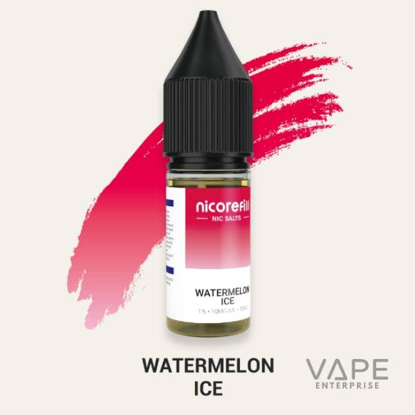 Nicorefill Watermelon Ice nicotine salt vape juice bottle with black cap and red brush stroke background.