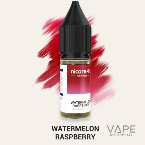 Nicorefill Watermelon Raspberry nicotine salt vape juice bottle with red brushstroke background