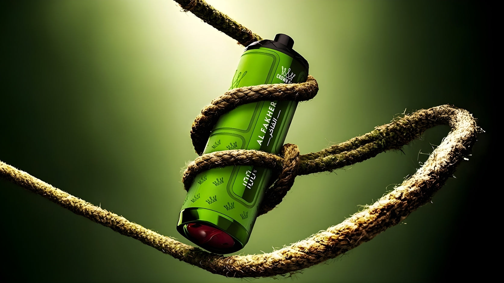 Al Fakher Hypermax Prime 50K vape device bound by rope, against green background.
