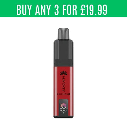 Hayati Pro Max red disposable vape kit with digital display and buy 3 for £19.99 offer banner