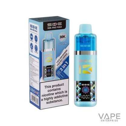 SKE 30K Pro Max Blue Edition vape device with 2-in-1 blue sour raspberry and blue razz e-liquid in blue packaging