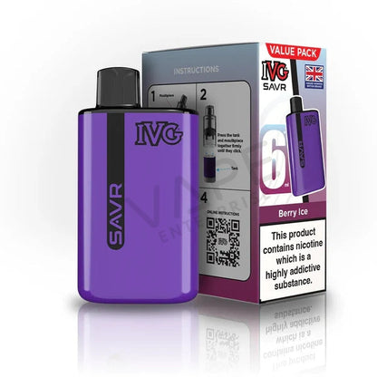 IVG SAVR Berry Ice disposable vape device in purple with retail box, nicotine warning, UK flag