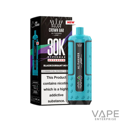 Blue Al Fakher Crown Bar 30K Hypermax Advanced vape device with blackcurrant mint flavor packaging