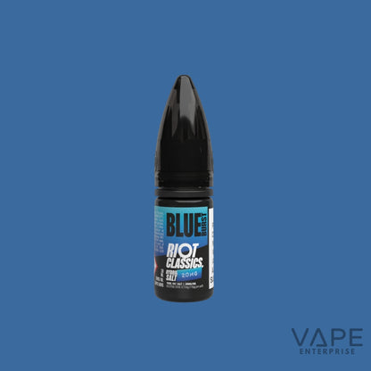 Vape juice bottle labeled 'Blue' by 'Riot Classics' on a blue background