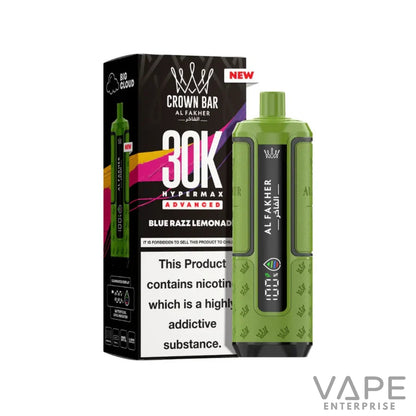 Al Fakher Crown Bar 30K Hypermax Advanced vape device in green with Blue Razz Lemonade flavor packaging