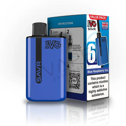 Blue Raspberry Ice IVG SAVR 6ml disposable vape device with packaging and nicotine warning