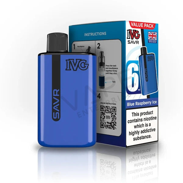 Blue Raspberry Ice IVG SAVR 6ml disposable vape device with packaging and nicotine warning