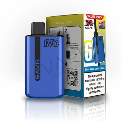 IVG SAVR Blue Razz Lemonade 6ml vape device with value pack box and nicotine warning