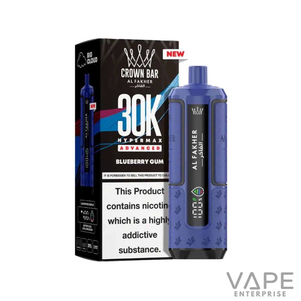 Blueberry Gum Crown Bar Al Fakher 30K Hypermax Advanced vape device and packaging with nicotine warning