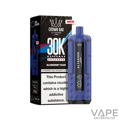 Blueberry Gum Crown Bar Al Fakher 30K Hypermax Advanced vape device and packaging with nicotine warning